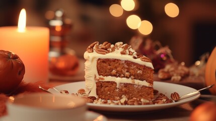 Immerse yourself in the tempting sight of a slice of carrot cake, topped with rich cream cheese frosting and nuts, set on a festive table with a cup and a gently burning candle.