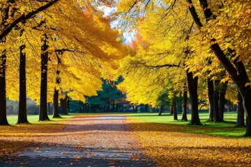 yellow leaves surrounding the trees in the park - obrazy, fototapety, plakaty