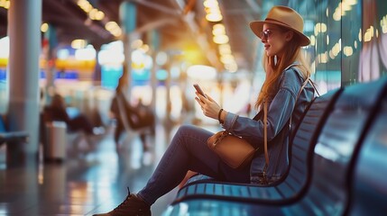Generative AI : Airport Terminal, Woman Waits for Flight, Uses Smartphone, Browse Internet,