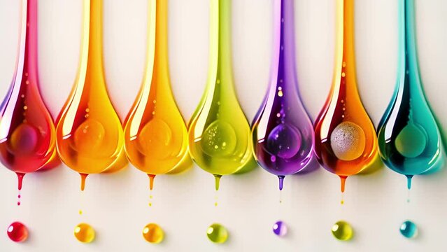 A series of colorful droplets of different consistencies representing the various types of surfactants oils and extracts used in the production of shampoo and conditioner.