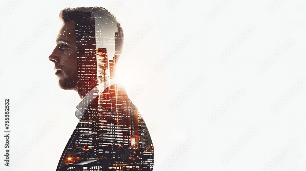 Poster generative ai : side view of confident young businessman with double exposure of abstract cityscape