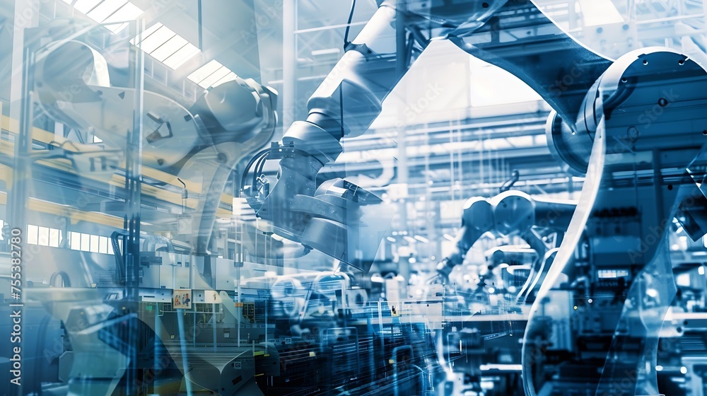 Poster generative ai : mechanized industry of future factory double exposure image .