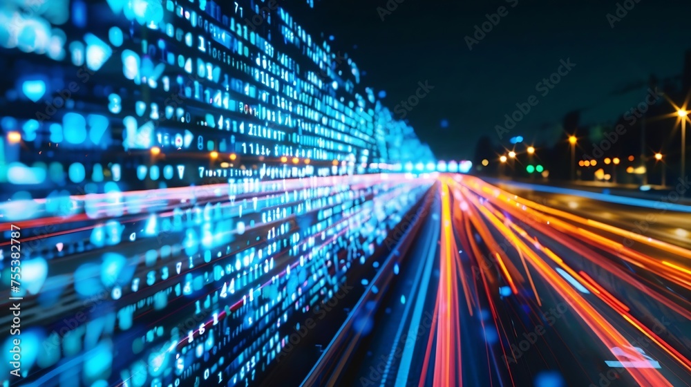 Poster Generative AI : Digital data flow on road with motion blur to create vision of fast speed transfer . 