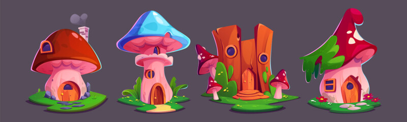 Fantasy tiny elf or animal house in mushrooms and tree stump with windows, doors and roof. Cartoon vector illustration set of magic fairy gnome home. Cute funny imaginary forest habitat cottage. - obrazy, fototapety, plakaty