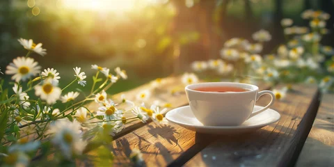 Raamstickers cup of morning tea on wood table in garden in spring with flowers © Maizal