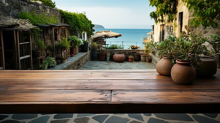 Obraz premium Empty wooden table and terrace with sea view in the background.
