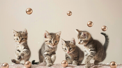 Four kittens tumbling joyfully amid calming copper balls against a pale beige setting.