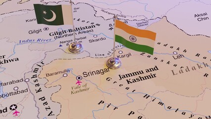 India and Pakistan flags on the map 3d render © Kishor