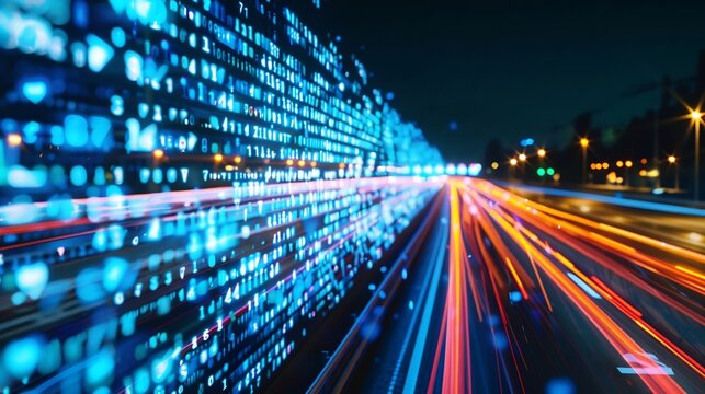 Generative AI : Digital data flow on road with motion blur to create vision of fast speed transfer . 