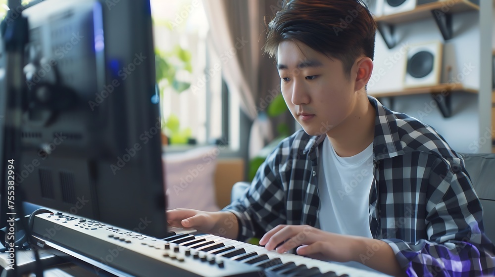 Poster Generative AI : young asian male composer playing midi keyboard for arranging a song on computer 
