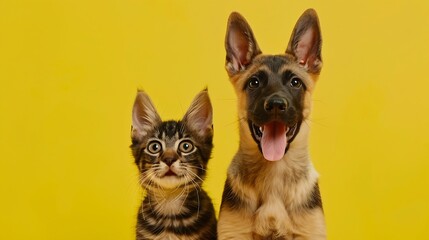 Generative AI : portrait of a cat and dog in front of bright yellow background