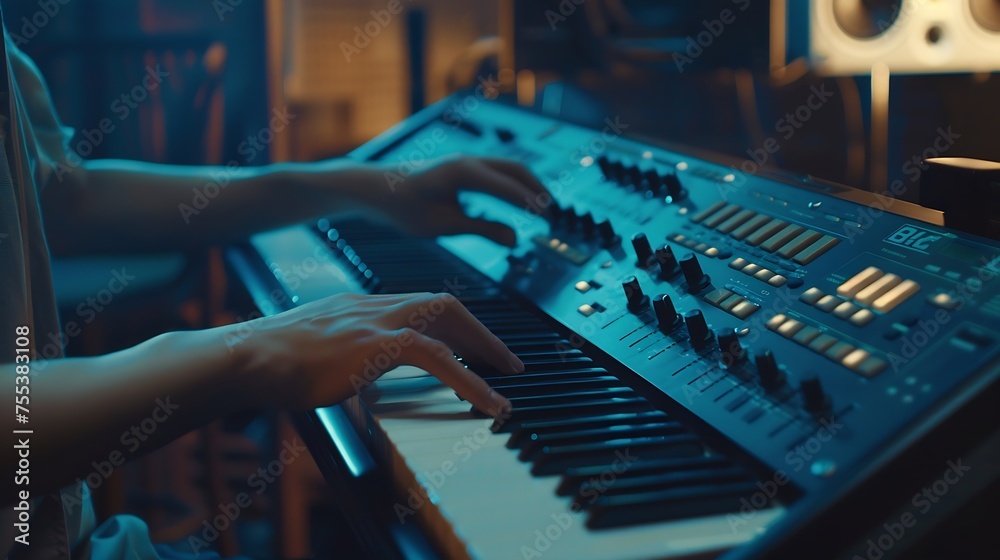 Poster Generative AI : asian male composer playing midi keyboard synthesizer for making music in sound studio