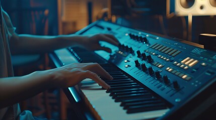 Generative AI : asian male composer playing midi keyboard synthesizer for making music in sound studio - obrazy, fototapety, plakaty
