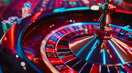 Generative AI : Collage of casino images with a close-up vibrant image of multicolored casino roulette table