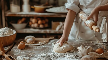 Generative AI : woman holding flour rolling pin prepare to thresh flour making homemade pizza on wooden table