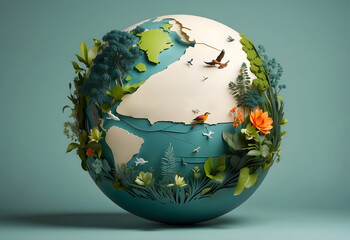 A paper craft-style earth globe surrounds an ecosystem with trees, flowers, and animals against a gray-green backdrop.