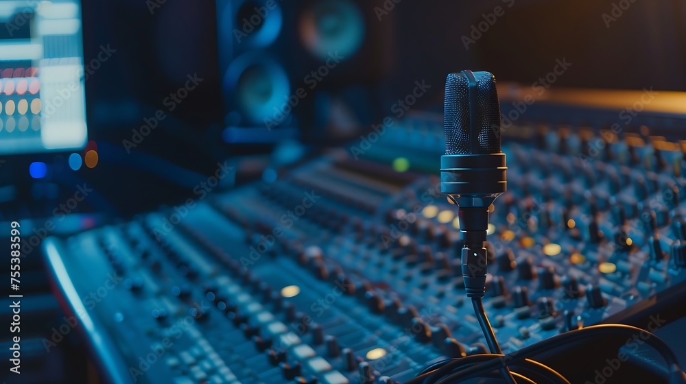 Poster Generative AI : studio condenser microphone on sound engineer working in control room background