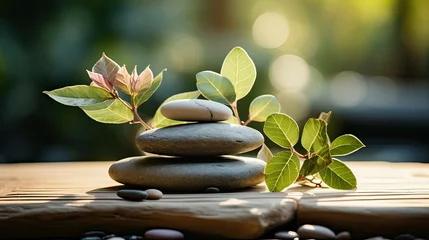Papier Peint photo Spa Zen stones and green leaves on wooden table, spa and wellness concept