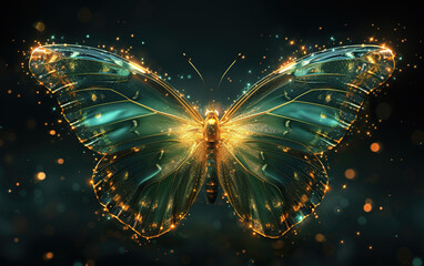 Glittering glowing beautiful butterfly with translucent wings. Gold night moth with emerald hue on...