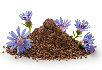 Chicory powder with flowers on white background. Concept of healthy diet in the form of drink, replacing coffee. Generative AI - obrazy, fototapety, plakaty