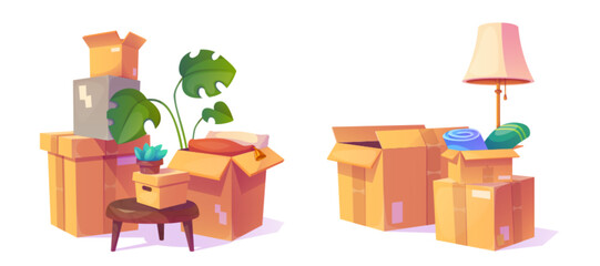 Cardboard boxes with house stuff for relocation concept. Cartoon vector illustration set of carton packages piles with lamp and plant, furniture and belongings for new home move or garage storage.
