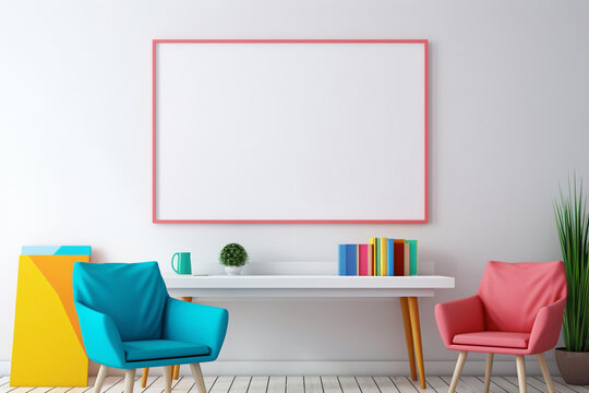 An aesthetically pleasing office interior captured in high definition, with a focus on a blank white frame, minimalistic design, mockup style, and vibrant colors.
