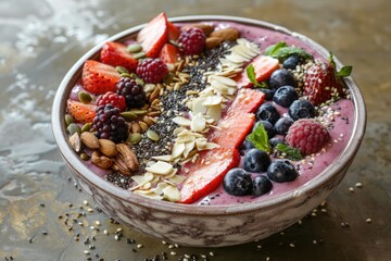 A refreshing smoothie bowl artistically topped with fruits nuts