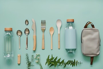 A sustainable living concept with reusable water bottles and eco-friendly utensils