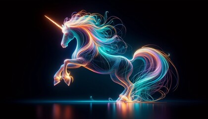 Artistic illustration of a unicorn created with vibrant neon light wireframe on a dark background