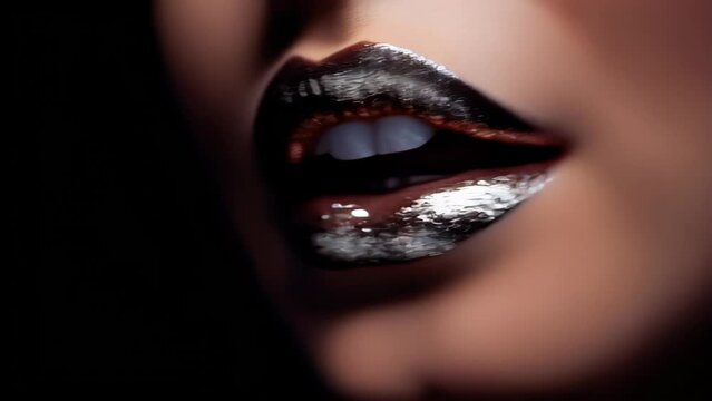 Close-up of woman's dark red lips, fashion bright make-up. Beautiful female mouth, full lips with perfect makeup. Part of female face. Choice lipstick. close-up of female lips with colored light.
