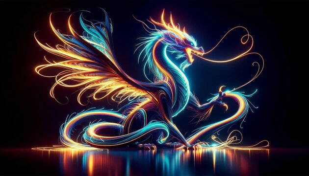Artistic illustration of a dragon created with vibrant neon light wireframe on a dark background