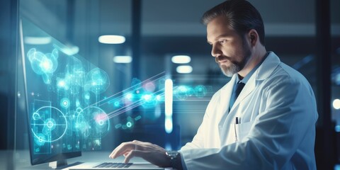 Covid-19 inspector use online technology to contact doctor to recieve data information, virtual medical interface use for analysis and check patient health. Medical science and biotechnology