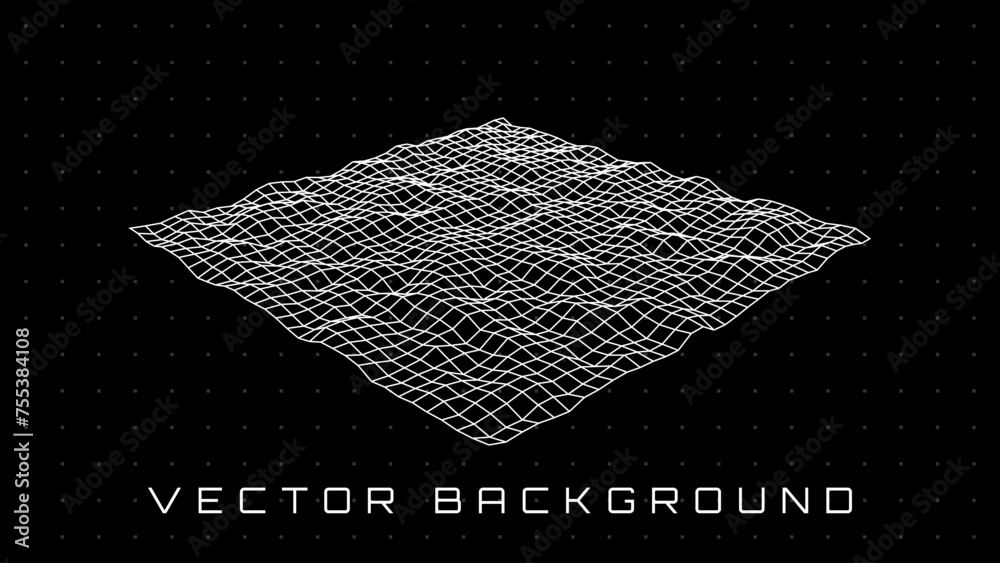 Poster Retrofuturistic Perspective Distorted Grid. Cyberpunk Design Element. 3D Grid Wireframe. Cyber Geometry for Flyer, Poster, Cover. Retrowave Style Vector Illustration.
