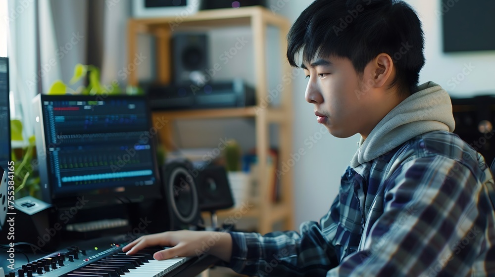 Poster Generative AI : young asian male composer playing midi keyboard for arranging a song on computer 