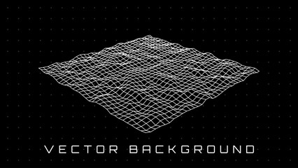 Retrofuturistic Perspective Distorted Grid. Cyberpunk Design Element. 3D Grid Wireframe. Cyber Geometry for Flyer, Poster, Cover. Retrowave Style Vector Illustration.