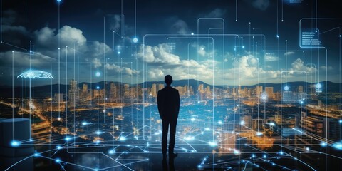 digital marketing concept, business man point hand to interface of communication cloud technology to connect data in world network by using 5g . futuristic technology connect communication network