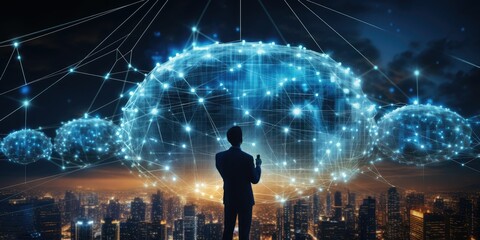 digital marketing concept, business man point hand to interface of communication cloud technology to connect data in world network by using 5g . futuristic technology connect communication network