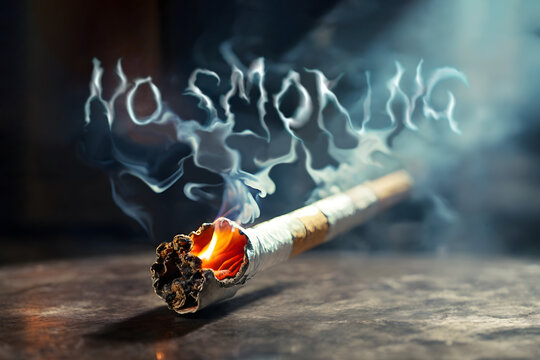 A burning cigarette with rising smoke forms the "No Smoking" message against a dark gray backdrop.