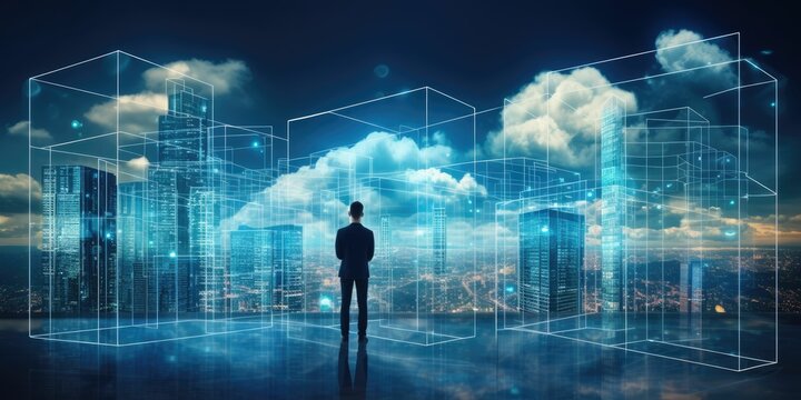 digital marketing concept, business man point hand to interface of communication cloud technology to connect data in world network by using 5g . futuristic technology connect communication network - Powered by Adobe