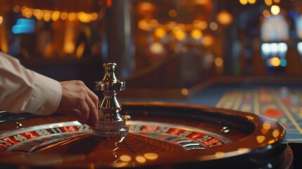 Generative AI : The dealer holds a ball and spins the roulette wheel in a casino.