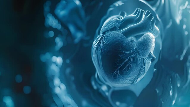 A magnified image of a fetal heart seen through AIenhanced ultrasound analysis allowing for early detection of potential heart defects and better management of the pregnancy.