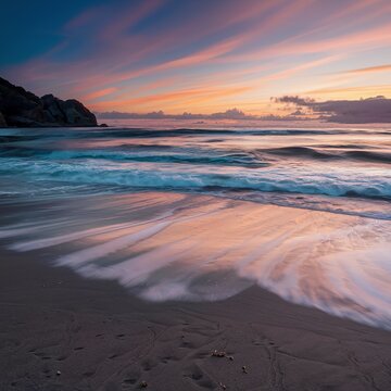 blurred wave of the sea on the evening sand beach. banner