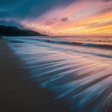 blurred wave of the sea on the evening sand beach. banner