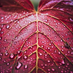 Close up of a red autumn leaf covered with waterdrops