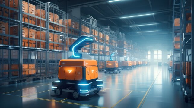 Autonomous robots moving shelves with cardboard boxes in automated warehouse