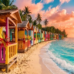 colourful cabanas on a tropical beach in the Bahamas