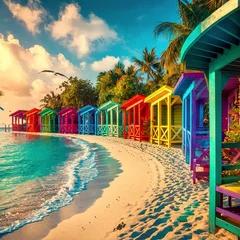 Foto op Plexiglas colourful cabanas on a tropical beach in the Bahamas © Tatiana