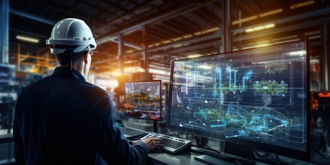 Futuristic technology trend concept of smart industry 4.0 engineer use artificial intelligence robotic automation machine in factory Connecting data network software to monitoring, operating process