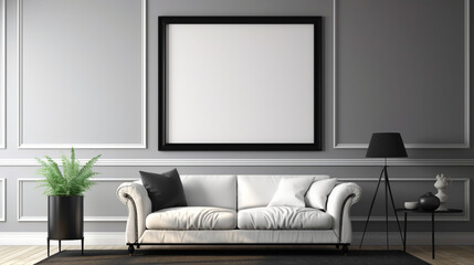 A well-lit living room with a blank white empty frame, showcasing a minimalist black and white photograph of architectural details.