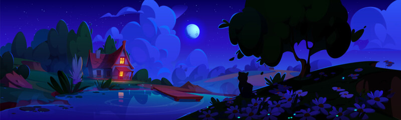 Cozy house near night lake. Vector cartoon illustration of midnight summer scenery, cat sitting under tree on hill with daisy flowers and grass, wooden pier on river water, moon glowing in starry sky